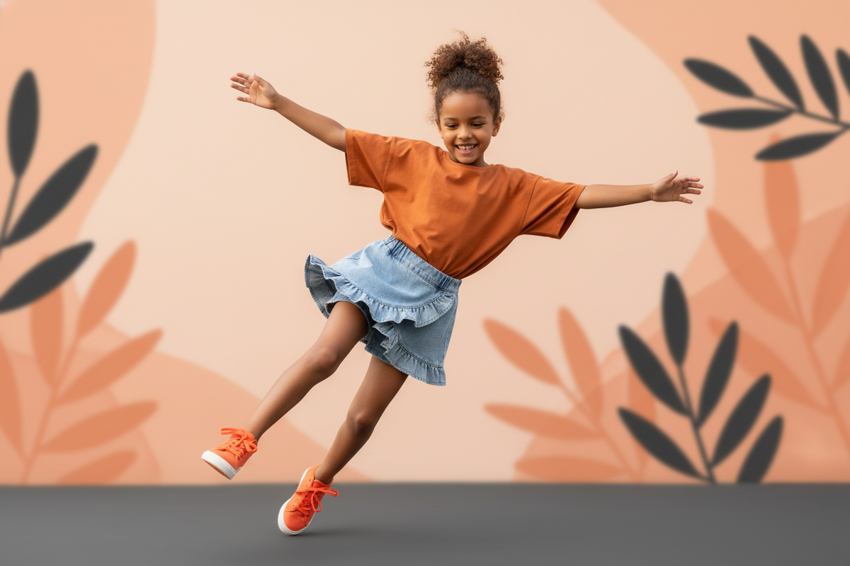 A child in DENIMELLE Skort Pants, with a layered ruffle skirt and shorts, skipping joyfully against a soft peach and amber ba