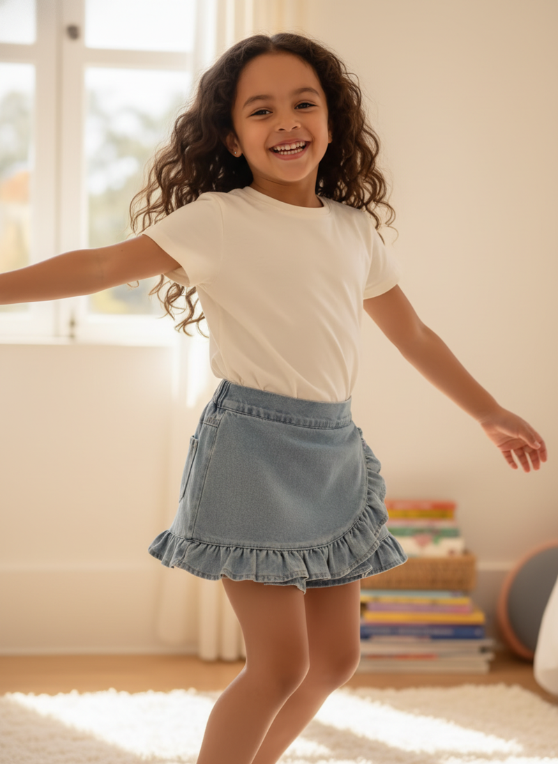 A joyful mixed-race girl, around 6-8 years old, smiles and twirls in a sunlit bedroom, wearing a pair of blue denim skort pan