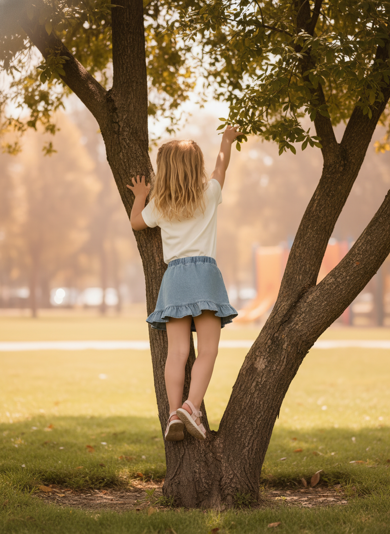 Young girl in a DENIMELLE skort climbing a tree in a park, showing the skort's flexibility for active play.