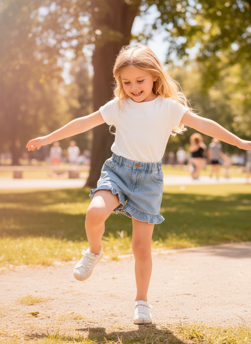 A child in 'DENIMELLE' skort pants plays in a park, showcasing the durability and comfort of the ruffle skirt and shorts comb